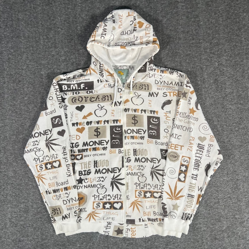 Vintage MR Waffle Knit Thermal Full Zip Hoodie Y2K Skater All Over Print Small